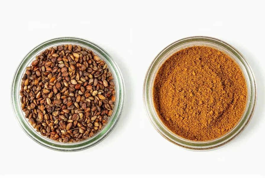 Side-by-side comparison of whole cumin seeds and freshly ground cumin in glass jars