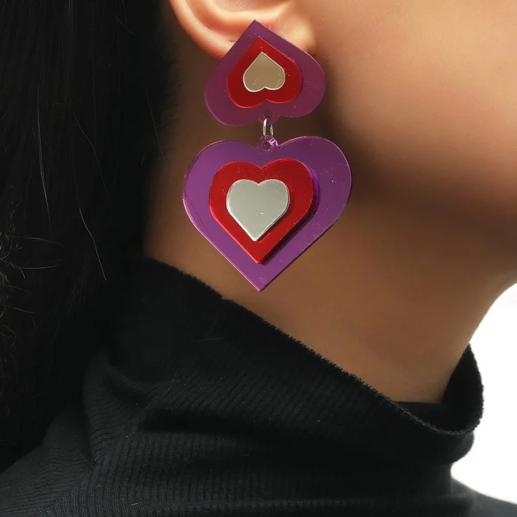 

JUHU 2021 Fashion Trend Female Super Cool Pink Mirror Peach Heart Love Acrylic Resin Earrings Wholesale, Colorful
