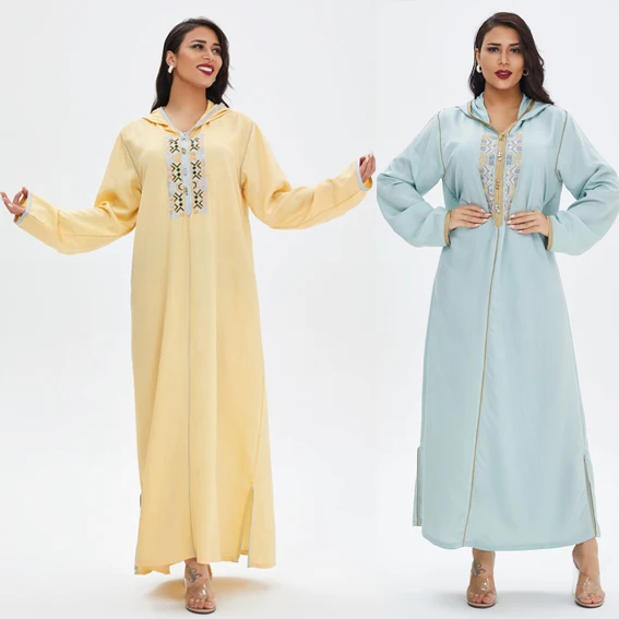

Maxi Dresses Embroidery Long Sleeve Middle East Kaftan Moroccan Muslim Dresses Women Sleepwear Elegant Causal Dress, Sky blue, yellow