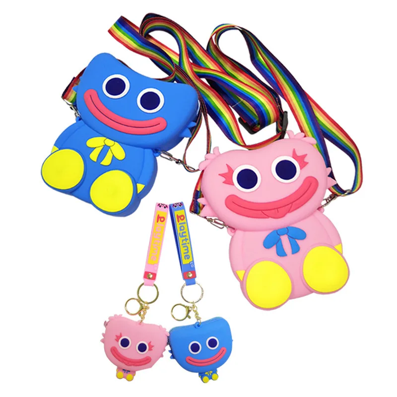 

2022 huggywuggy poppy playtime fidget popit doll keyring purse silicone huggywuggy poppy pop it coin purse for kids toddler, Blue/pink