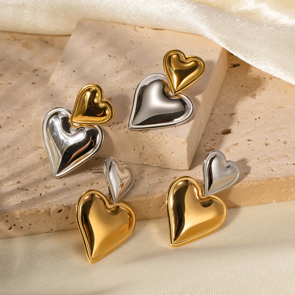 

2023 New Fashion Stainless Steel Jewelry Tarnish Free 18K Gold Plated Double Heart Drop Earrings For Women YF3527