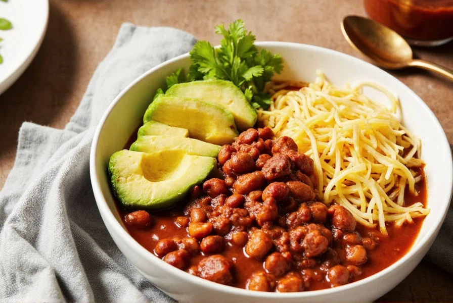 Four chili bowls with various toppings including cheese, avocado, sour cream, and cilantro