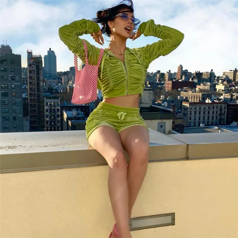 

New Fashion Solid Color Pleated Velvet 2 Piece Set Shorts Top Sexy Hooded Track Suit