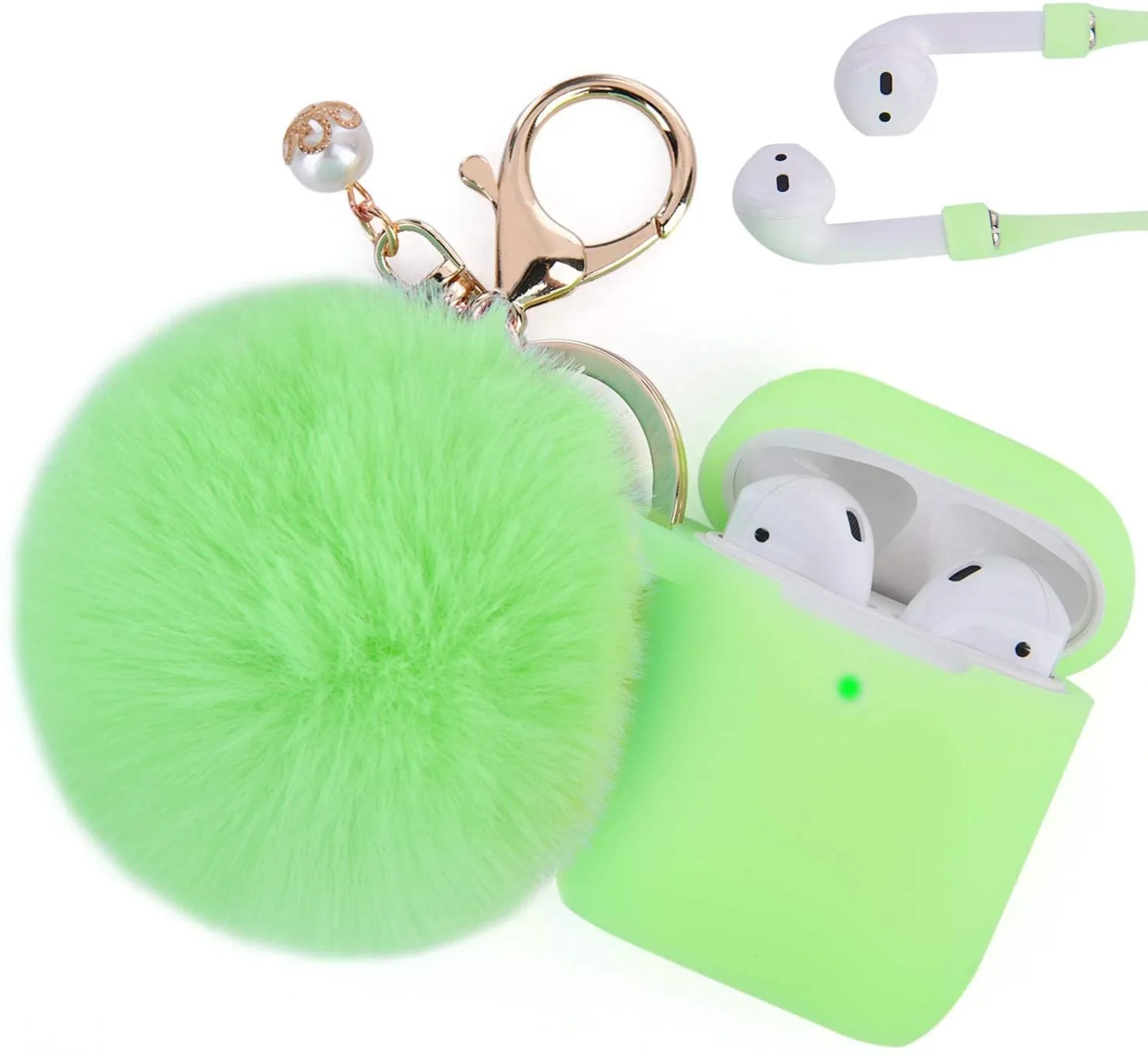 

2020 Luxury Cute Silicone Cover Skin Case for Airpod Case with Fluffy Fur Ball Pompom Pearl Keychain Strap for Apple Airpod 2 1, 32 colors, it could be customized