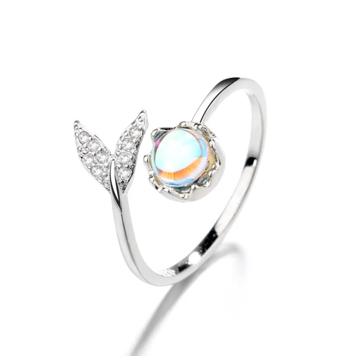 

925 sliver sweet and temperament colorful moonstone crystal fish tail shape ring for women, Sliver color