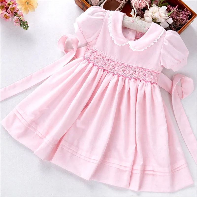 

Girl's dresses smocked pink handmade kids clothing summer fashion boutiques baby dress children outfit wholesale B38543