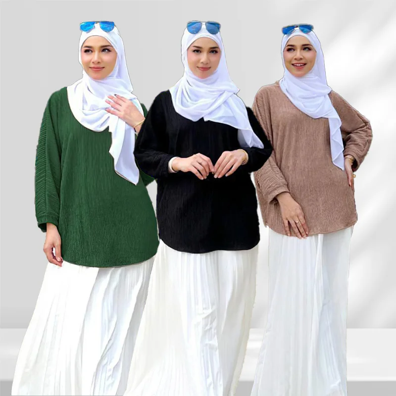 

Latest Low Price Wholesale Malaysia Dubai Muslim Women Tops Long Sleeve Casual Crew Neck Modest Polyester Muslim Blouses Shirts