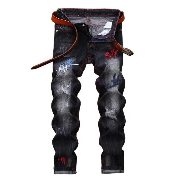 

Embroidery Man Ripped Jeans Black Jeans Vintage Hole Motorcycle pants