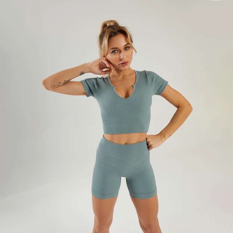 

Fitness Ribbed Shorts Sets Women Custom Your Own Seamless Women Yoga Gym 2 Piece Sports Set Women, As show