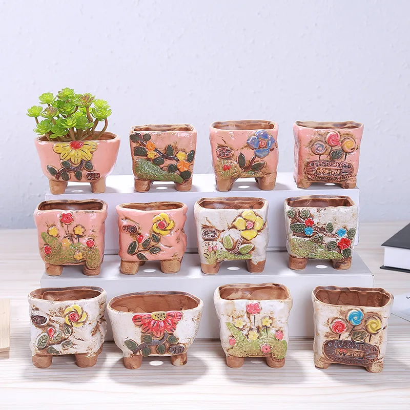 

Small fresh flower pot ceramic succulent garden pots with legs hand-painted mini green plants basin porcelain planter desktop