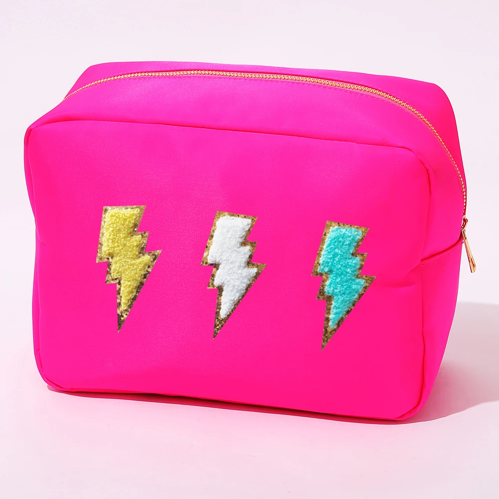 

Stock Christmas Gift Hot Pink Jumbo Monogrammed Nylon Waterproof Patches Toiletry Bag Embroidered Makeup Large Toiletry Bag