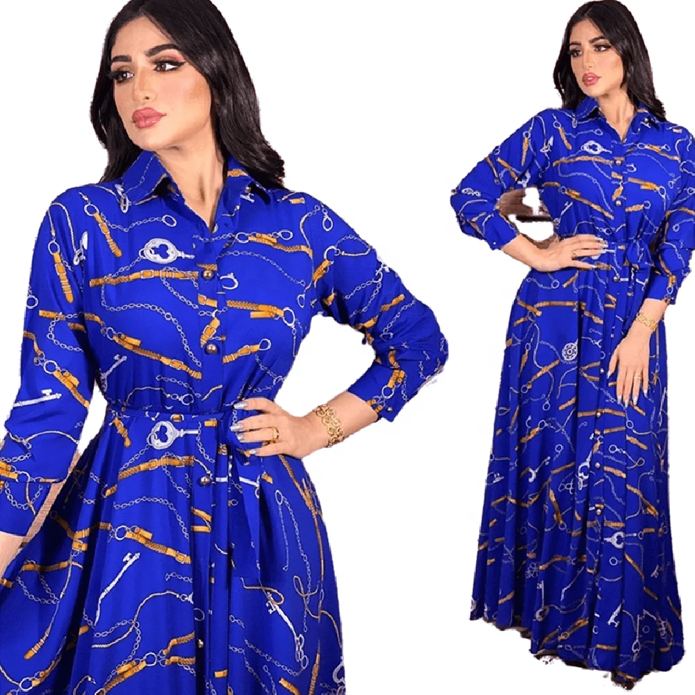 

AB131 Europe And America Middle East Muslim Dress Indonesia Vintage Print Large Swing Skirt Shirt Dress Elegant Casual Dresses