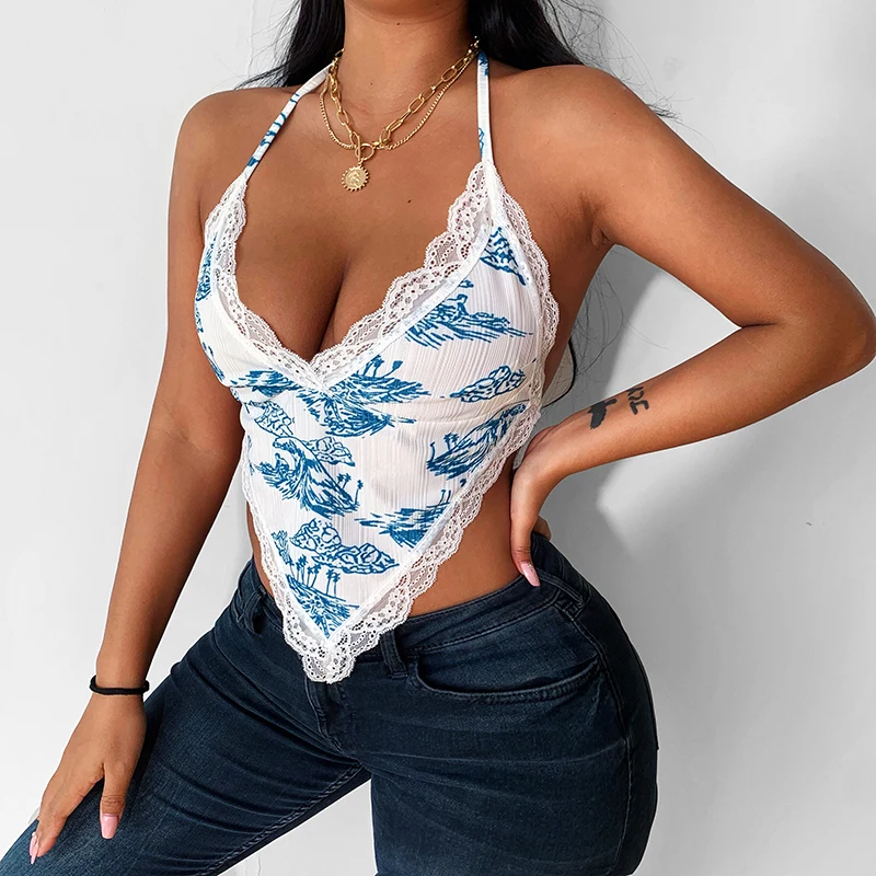 

2022 Spring Trendy Rib Fabric Floral Printed Crop Tops Sexy Spaghetti Strap Halter Backless Tank Top With High Elasticity