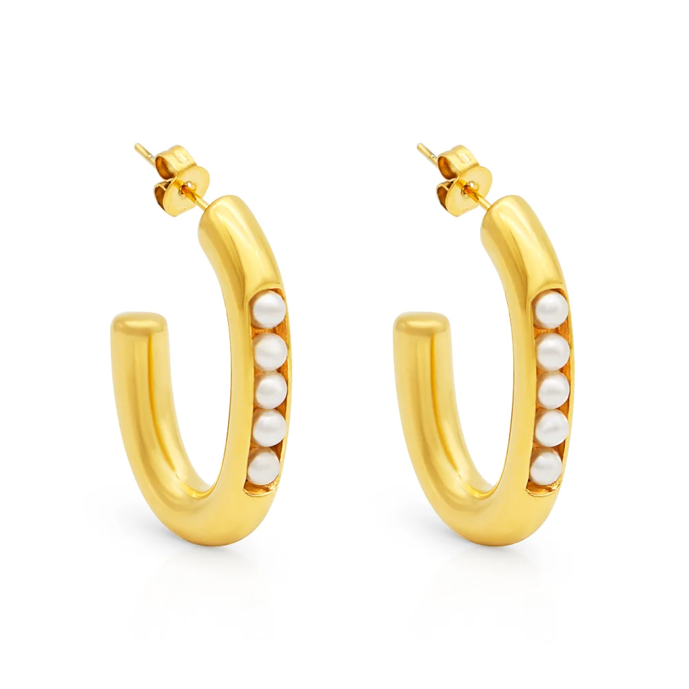 

Chris April 316 stainless steel pearls paved U shape fashion jewelry hoop earrings