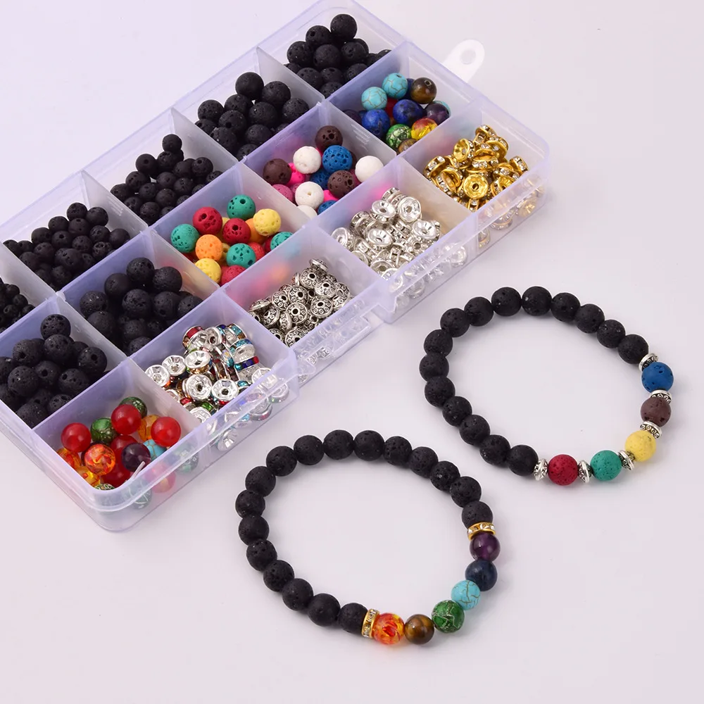 

600pcs DIY Handmade Loose Chakra Rock Beads Mixed Box Set Hot Selling Natural Volcanic Lava Beads Stone Kits With Elastic String, Picture shows