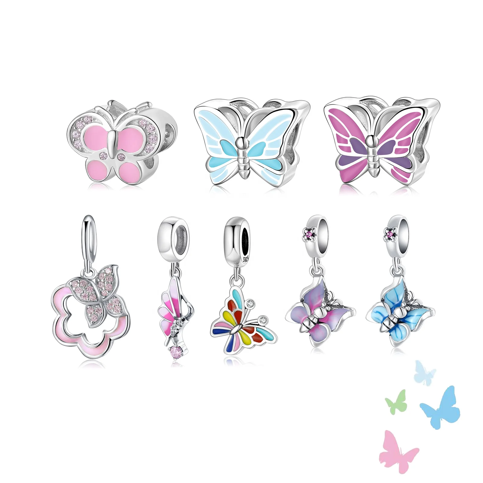 

Real 925 sterling silver Pink CZ Butterfly Love Flower Enamel Pink Pendant Charms For Jewelry making Woman Accessories Wholesale