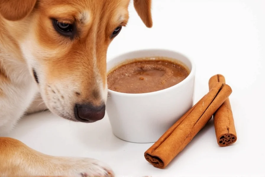 Golden retriever sniffing cinnamon powder on wooden spoon