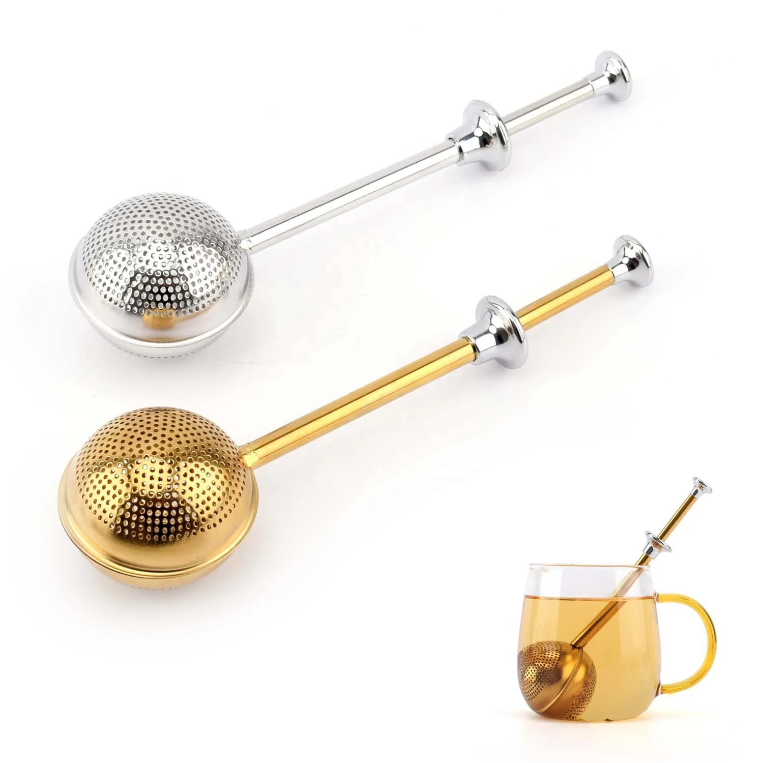 

Amazon Hot Sale 304 Stainless Steel Tea Diffuser Gold Tea Strainer Infuser with Pushable Handle, Gold and silver