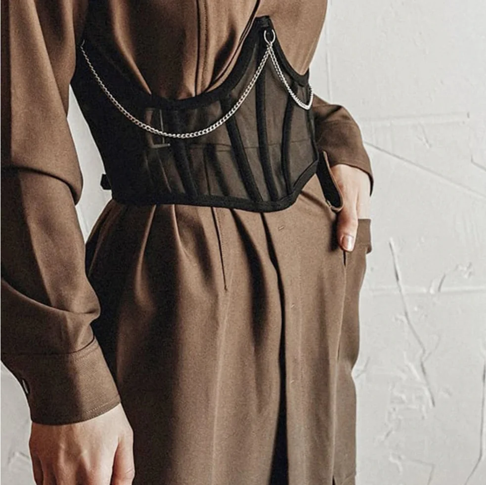 

Fashion Mesh Corset Belts for Ladies Black Wide High Waistband 2021 Women Dress Waist Belt Cummerbunds With Silver Chain #0890