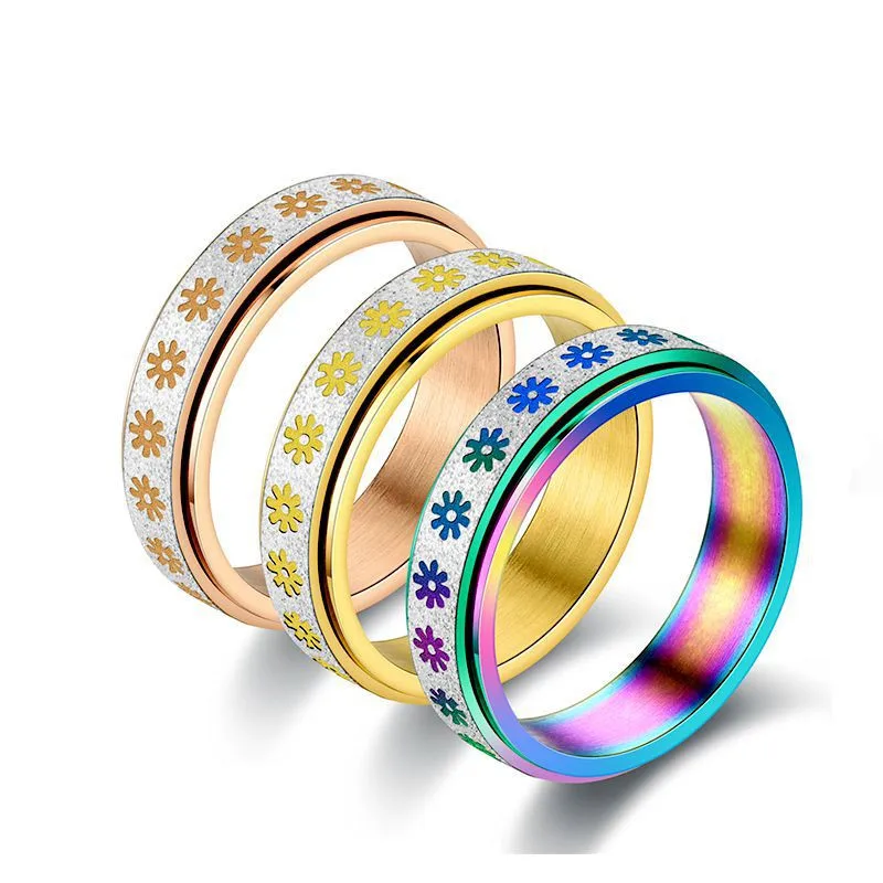 

2022 Trend Punk Fidgets Rings Jewelry Rotate Stainless Steel Retro Elegant Flowers Pattern Rotatable 6MM Width Ring, Golden,black,blue,sliver