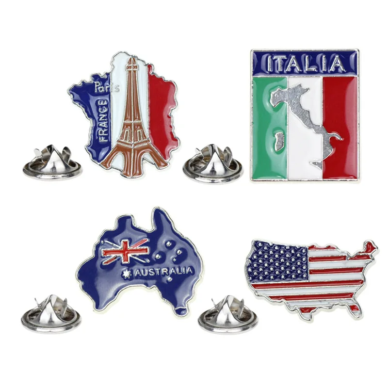 

2021 creative cartoon america France Australia Italy national map and flag dripping oil brooches for gift