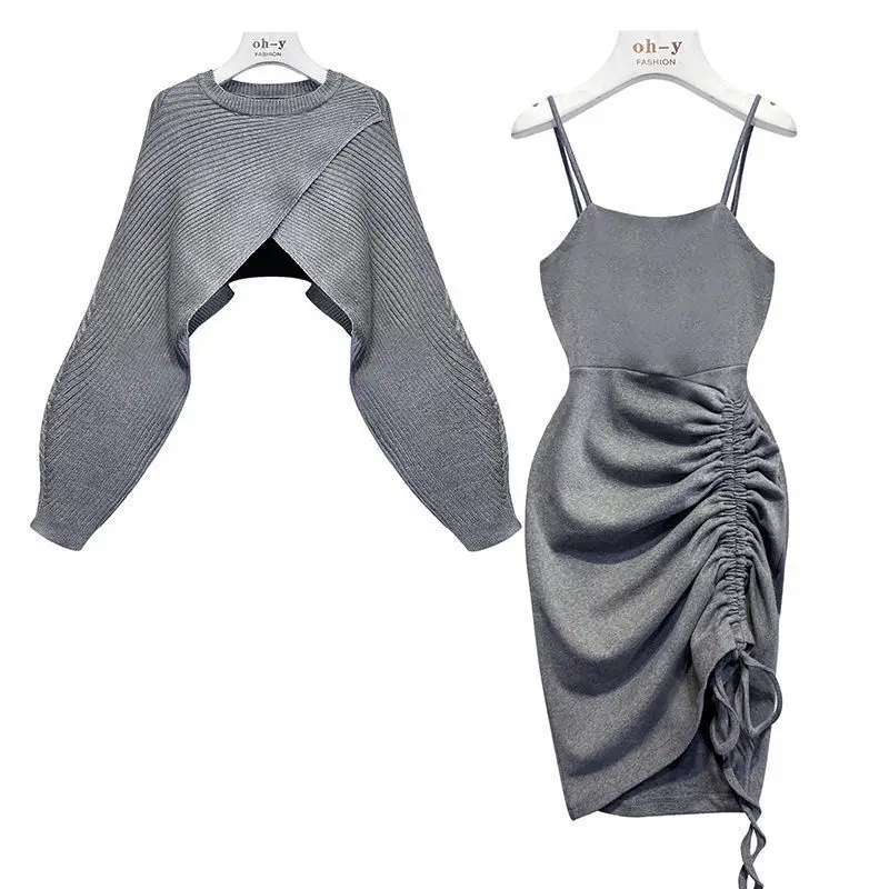 

Plus size sweaters Sexy two-piece sweater dress off shoulder women Strap sweater skirt + coat