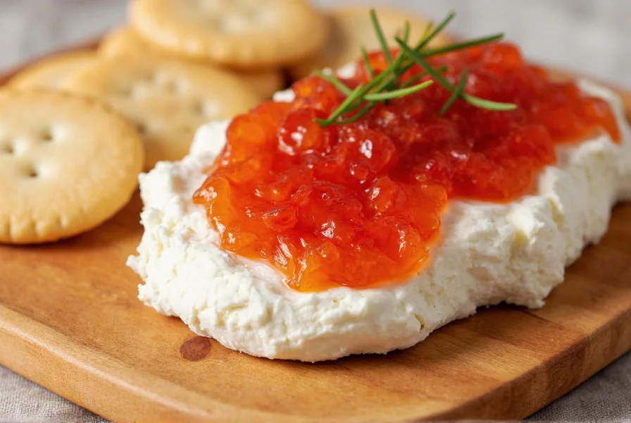 Close-up of red pepper jelly and cream cheese spread served with crackers on wooden board