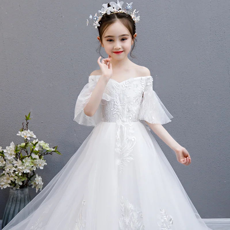 

new design Off shoulder lace appliques princess ball gown elegant flower girl dress