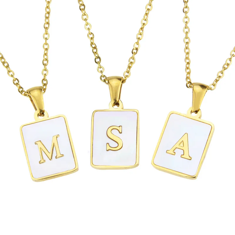 

Trendy 18K Gold Chain for Men Square Natural Pearl Shell Stainless Steel Jewelry Initial Letters Pendant Necklaces For Women