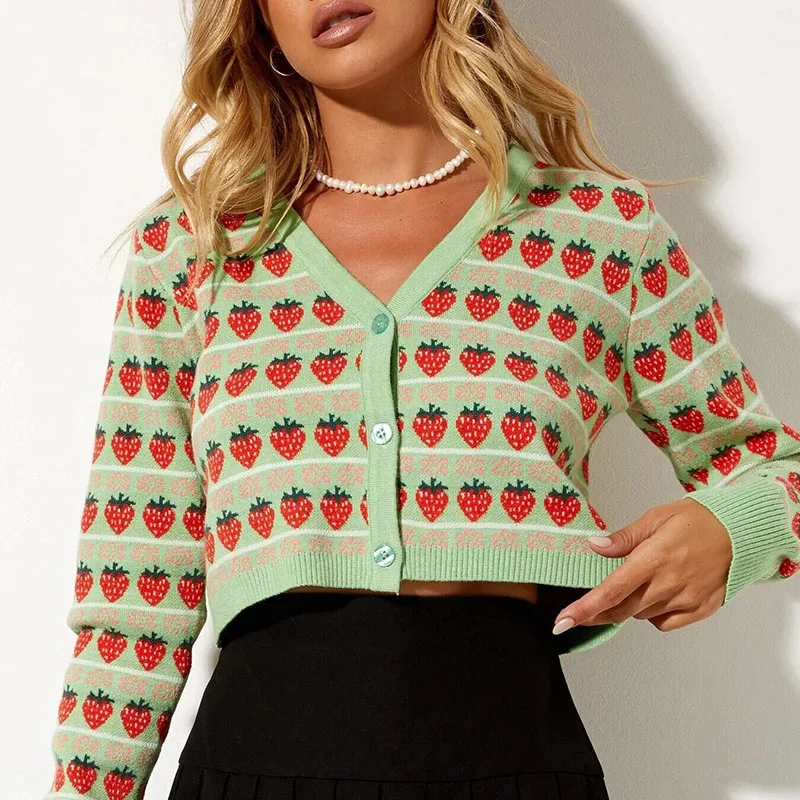 

2021 New Fashion V Neck Cardigan Strawberry Print Crop Tops Coat Women Casual Knit Sweater Jacket Ladies Clothing Ropa, Green,blue