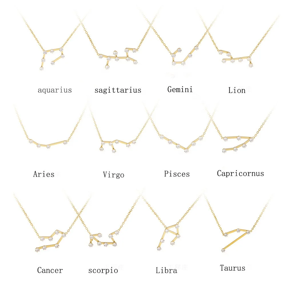 

New Wholesale 12 Astrology Horoscope Star Jewelry 18k Gold Plated CZ Stainless Steel Zodiac Sign Pendant Necklace For Women