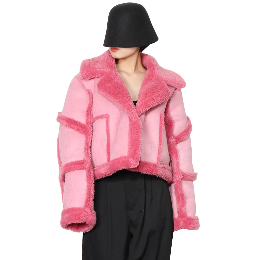 

TWOTWINSTYLE Casual Colorblock Lapel Lambswool Outerwear Winter Women Jacket