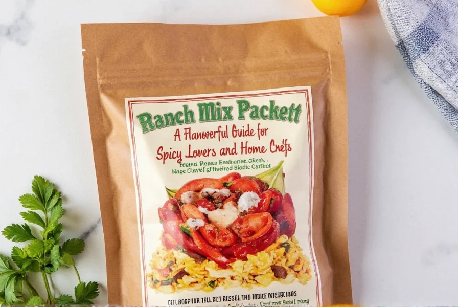 Ranch mix packet sitting on a counter with a bowl of salad
