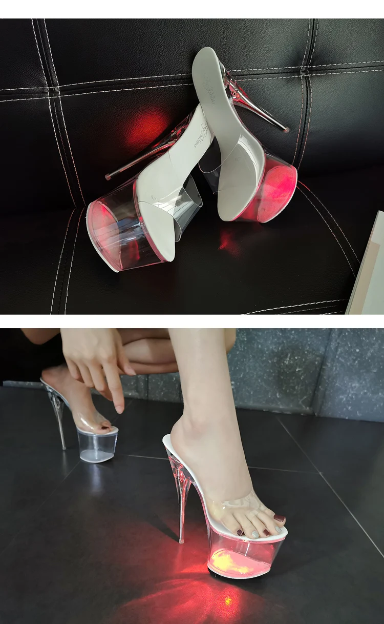 17cm Luminous Crystal Bottom Sexy Women High Heels Shoes Led Light Nightclub Sandals Catwalk 4823