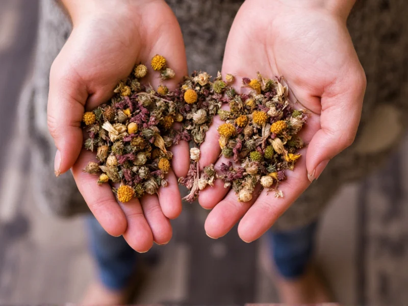 Hand holding dried botanicals for natural dye making