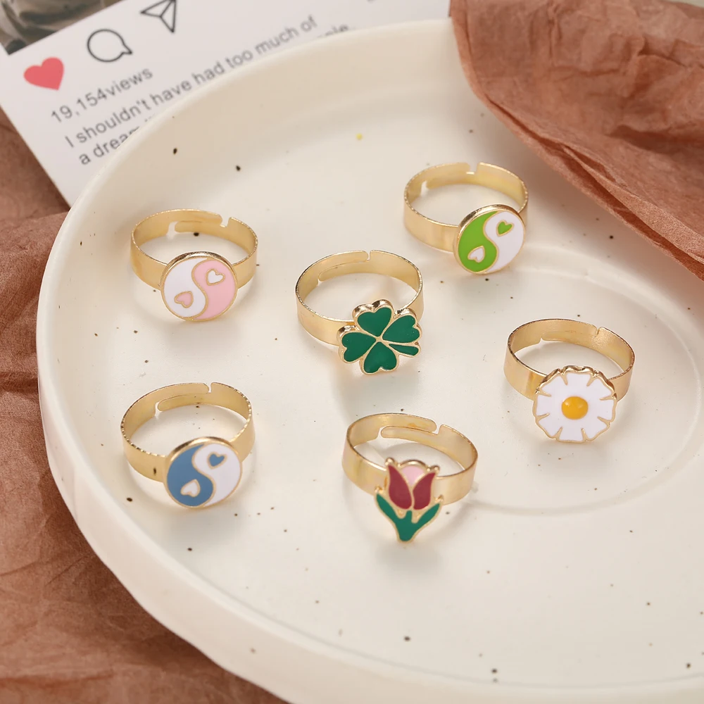 

17KM Gold Color Metal Enamel Opening Rings Daisy Rose Flower Tulip Heart Yin and Yang Rings for Women Jewelry