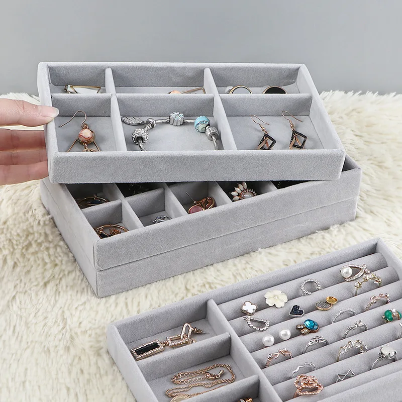 

Tongxing Jewelry Box Drawer Storage Organizer Gray Soft Velvet Jewellery Earring Necklace Pendant Bracelet Tray