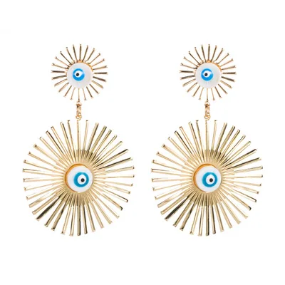 

European Style Sun Flower Shaped Evil Eyes Stud Earrings Exaggerated Gold Plating Lucky Blue Evil Eyes Drop Earrings For Women