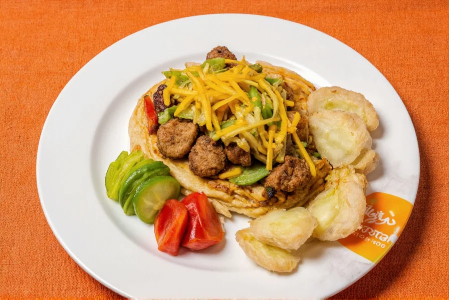 Colorful plate of healthy food with small portion of fresh ginger slices on the side, overhead food photography