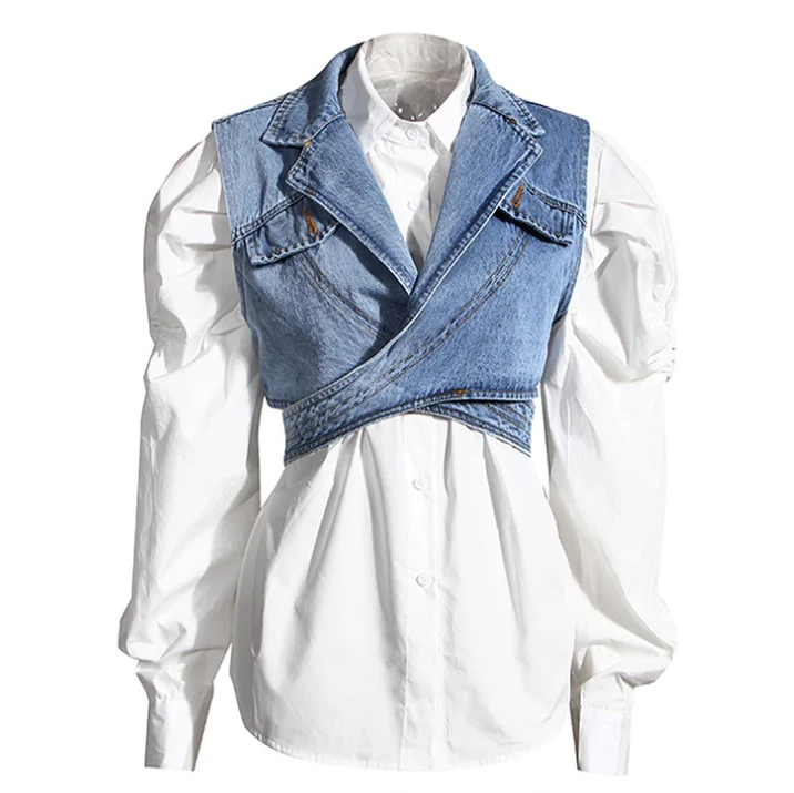 

Fashion denim vest womens blouses tops shirt long sleeves shirt for women