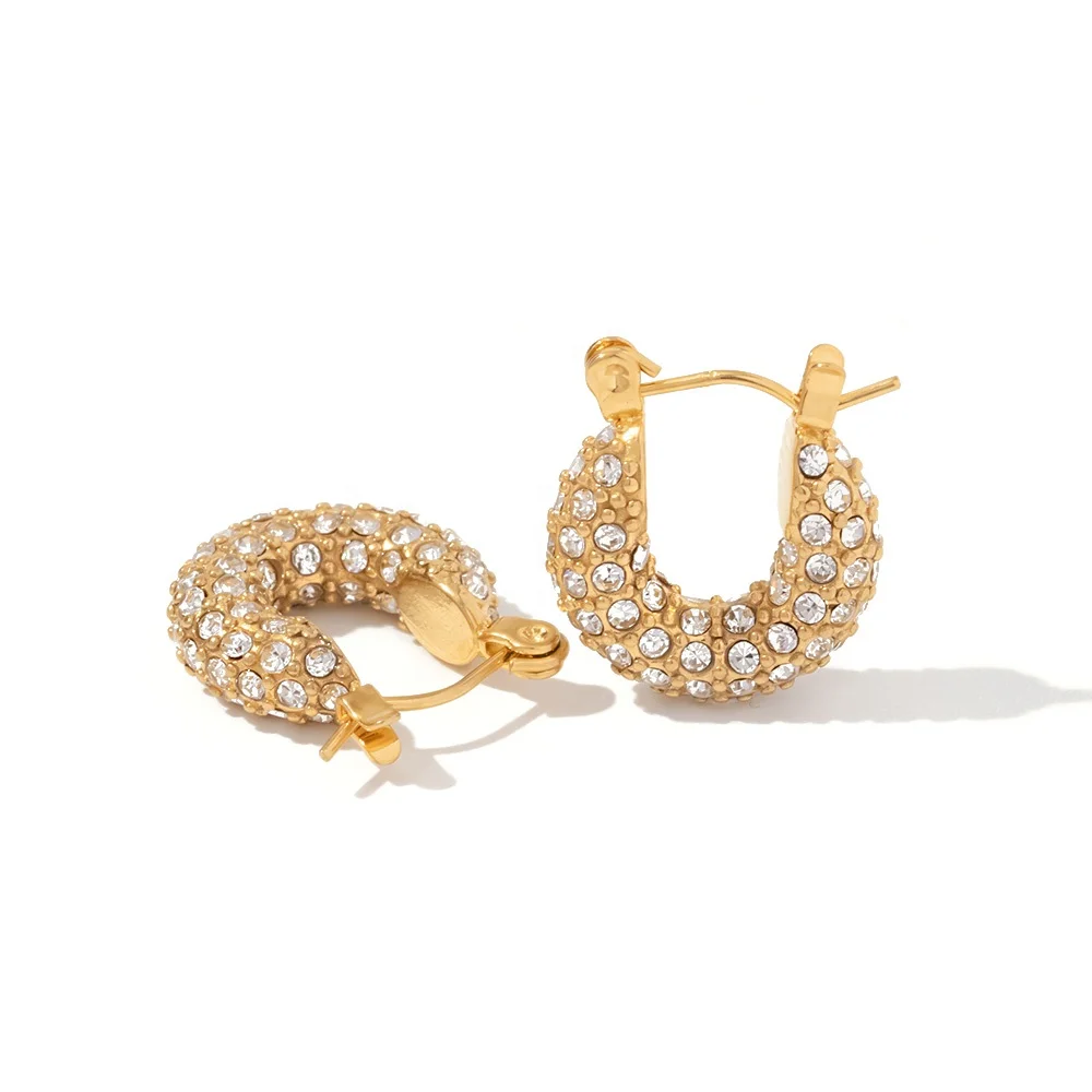 18k Gold Plated Stainless Steel Dainty Hammered Surface White Cubic Zircon Hoop Earrings For Gift