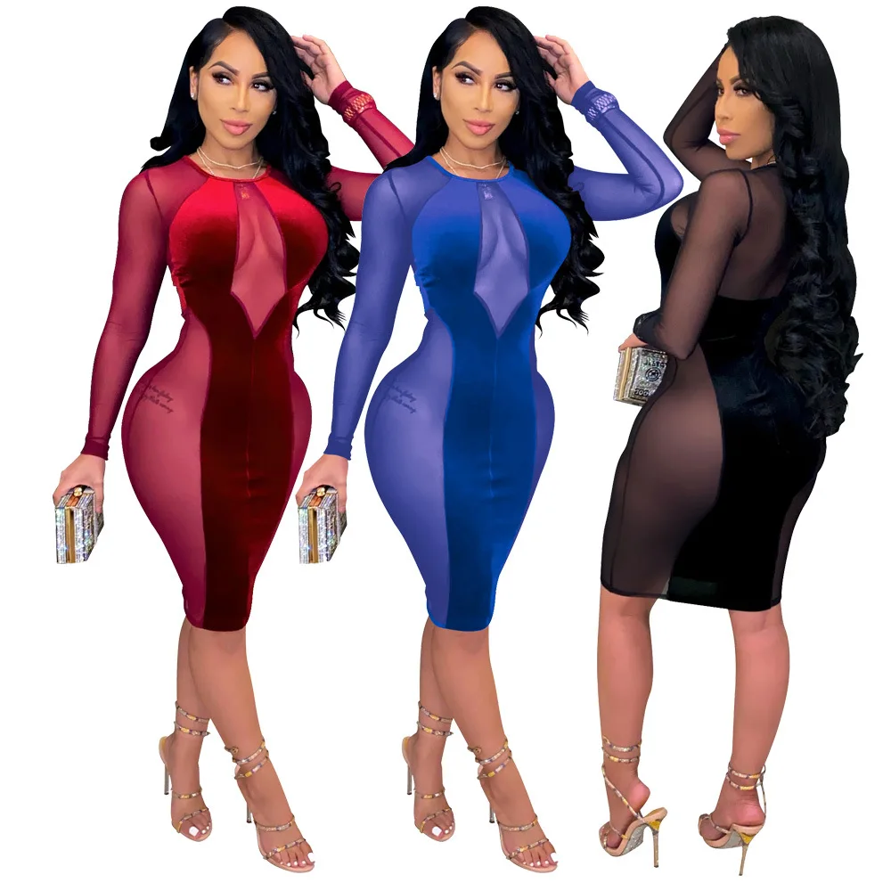 

Fashion Women Nightclub Long Sleeve Velvet Bodycon Evening Dresses Ladies Party Mesh Up Casual Sexy Dress 2021 Spring, Picture