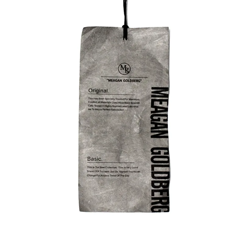 

vintage paper hangtag Custom Printing Not Torn Hang Tag Waterproof Material Gray Tyvek HangTags with Black Cord