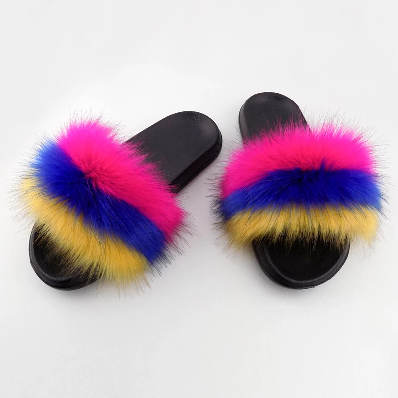 

Cheap women beautiful faux multi color fur slides slippers