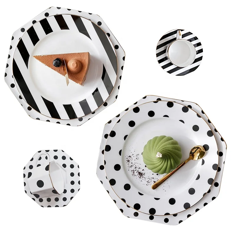 

Modern Elegance Polka Dottie Kitchen Dinnerware Set with Gold Edge, Polka dottie and stripe