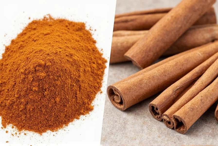 Side-by-side comparison of Ceylon cinnamon quills and Saigon cinnamon sticks showing the layered vs thick bark structure