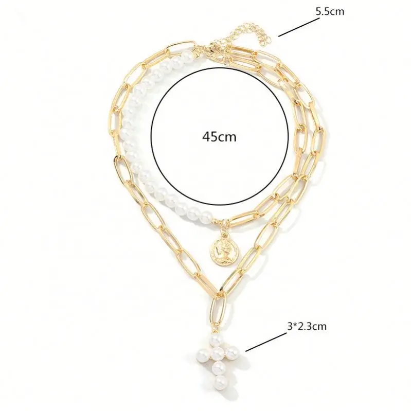 

Vintage Pearl Cross Necklace Portrait Alloy Double Necklace, Gold