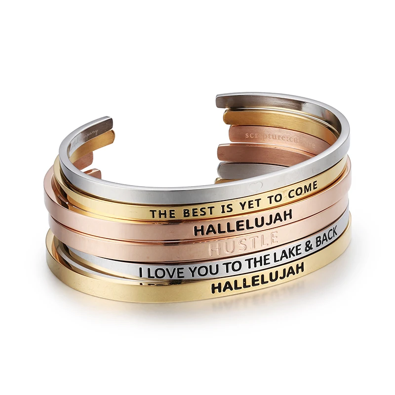 

Fashion Gold Stainless Steel Custom Positive Inspirational Bracelet Cuff Engraved Bangle