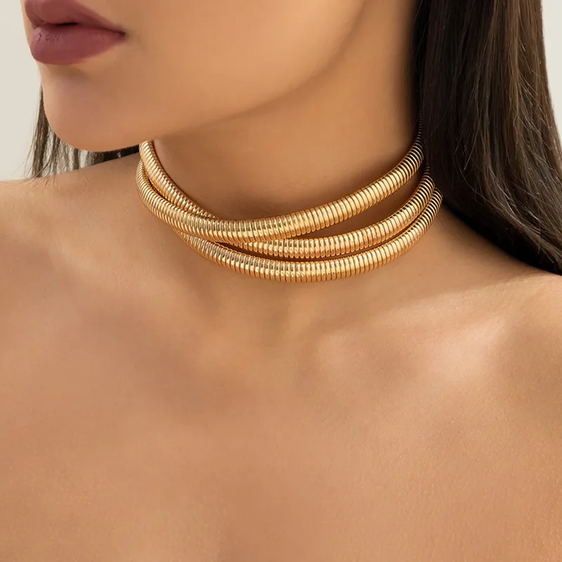 Multi Triple Layer Chunky Neck Chain Punk Jewelry 18K Gold Plated Stainless Steel Thick MultiLayer Choker Necklace for Women