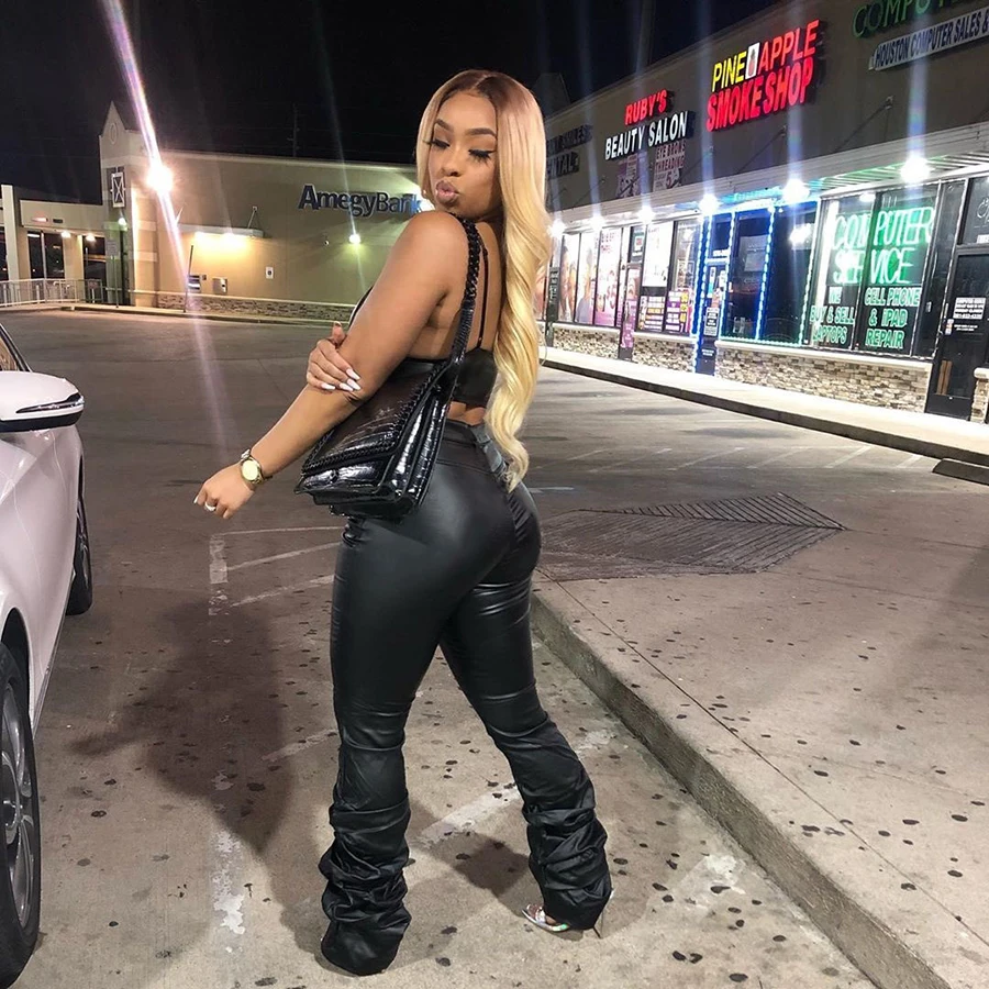 

Nibber K20P09492 Women Pu Leather Y2K Stack Sweatpants Vintage Casual Street Skinny Stretchy Pants Lady Factory Wholesale Custom, Black/green